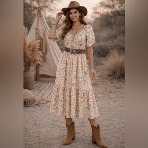 Floral peasant folklore midi off the shoulder style dress